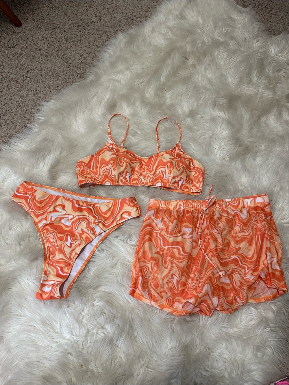 SHEIN 3-Piece Orange Swirl Bikini Set with Matching Shorts
